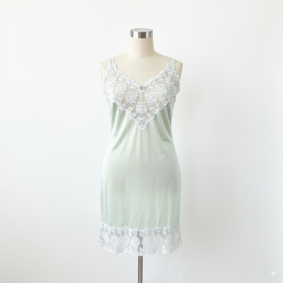 Vintage Light Green Lace Trim Slip Dress Lingerie Pin Up Boudoir - Picture 1 of 10